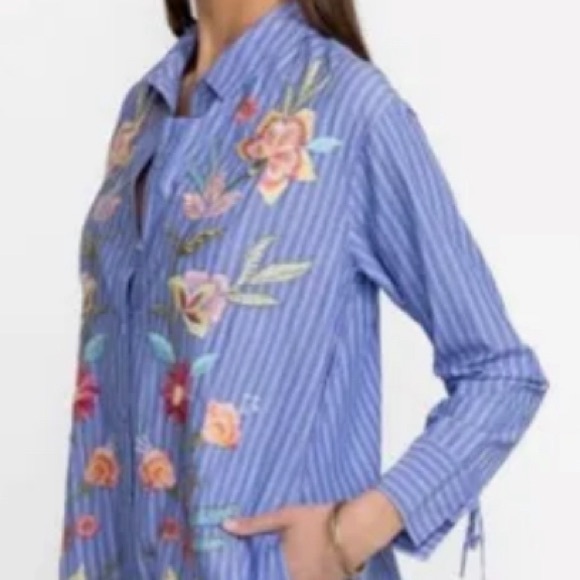 Johnny Was Camellia Embroidered Blue Striped Casual Tunic Dress Size M - Picture 7 of 12